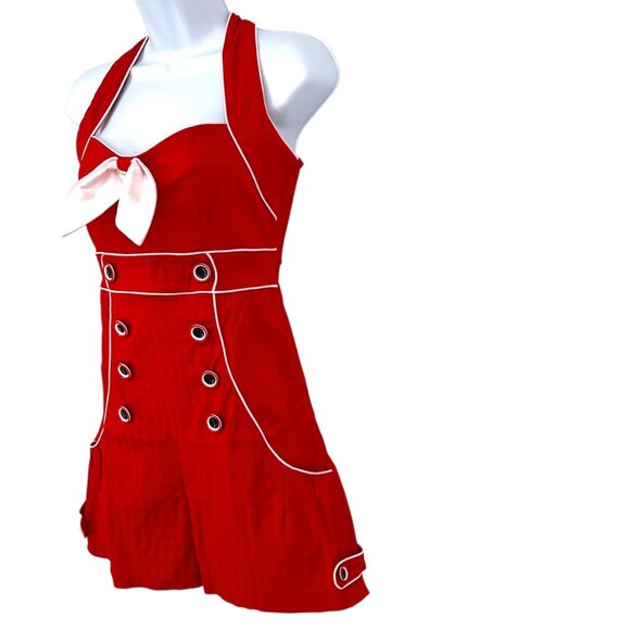 Voodoo Vixen Red Nautical Sleeveless Playsuit Bow Button Accents Size Small - Picture 3 of 12